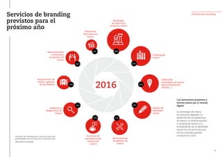 Servicios de branding
previstos para el
próximo año
Las inversiones presentes y
futuras pasan por el mundo
digital.
La estrategia de marca
en entornos digitales, la
definición de la plataforma
de marca, la monitorización
y tracking de marca y la
actualización de la identidad
visual son los servicios que
los encuestados prevén
contratar en 2016.
B
B
44%
27%
25%
24%
17%14%
12%
12%
10%
4%
2016
Estrategia
de marca en
entornos online
Valoración
financiera de
marca
Acciones de
concienciación
interna de
marca
Herramientas
de gestión de
marca
Definición
estratégica de marca
(posicionamiento,
valores...)
Diseño de
identidad
visual
Asesoramiento
continuado
en gestión de
marca
Arquitectura de
marca / gestión
de portafolios
Auditoría o
diagnóstico de
marca
Tracking de
marca
El futuro del branding
Servicios de branding que cree que tiene más
posibilidades de contratar en el próximo año
(Respuesta múltiple)
35
 