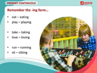 PRESENT CONTINUOUS
• eat – eating
• play – playing
• take – taking
• love – loving
• run – running
• sit – sitting
Remember the -ing form…
 