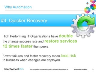 Why Automation
15
#4. Quicker Recovery
High Performing IT Organizations have double
the change success rate and restore services
12 times faster than peers.
Fewer failures and faster recovery mean less risk
to business when changes are deployed.
http://puppetlabs.com/sites/default/files/2014-state-of-devops-report.pdf
 