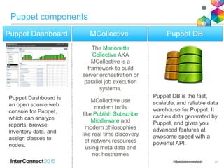 Puppet components
24
Puppet Dashboard MCollective Puppet DB
The Marionette
Collective AKA
MCollective is a
framework to build
server orchestration or
parallel job execution
systems.
MCollective use
modern tools
like Publish Subscribe
Middleware and
modern philosophies
like real time discovery
of network resources
using meta data and
not hostnames
Puppet Dashboard is
an open source web
console for Puppet,
which can analyze
reports, browse
inventory data, and
assign classes to
nodes.
Puppet DB is the fast,
scalable, and reliable data
warehouse for Puppet. It
caches data generated by
Puppet, and gives you
advanced features at
awesome speed with a
powerful API.
 