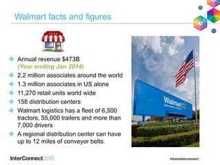Walmart facts and figures
 Annual revenue $473B
(Year ending Jan 2014)
 2.2 million associates around the world
 1.3 million associates in US alone
 11,270 retail units world wide
 158 distribution centers
 Walmart logistics has a fleet of 6,500
tractors, 55,000 trailers and more than
7,000 drivers
 A regional distribution center can have
up to 12 miles of conveyor belts.
 