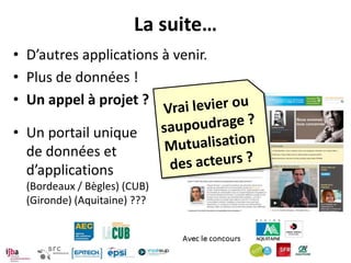 La suite…
• D’autres applications à venir.
• Plus de données !
• Un appel à projet ?

• Un portail unique
  de données et
  d’applications
  (Bordeaux / Bègles) (CUB)
  (Gironde) (Aquitaine) ???
 