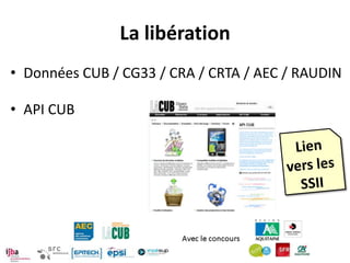 La libération
• Données CUB / CG33 / CRA / CRTA / AEC / RAUDIN

• API CUB
 