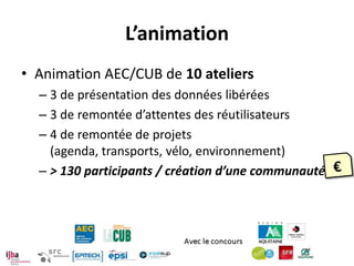 L’animation
• Animation AEC/CUB de 10 ateliers
  – 3 de présentation des données libérées
  – 3 de remontée d’attentes des réutilisateurs
  – 4 de remontée de projets
    (agenda, transports, vélo, environnement)
  – > 130 participants / création d’une communauté
 