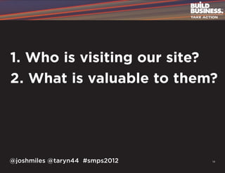 1. Who is visiting our site?
2. What is valuable to them?




@joshmiles @taryn44 #smps2012   14
 