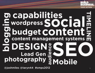 capabilities




                                                TIMELINE
blogging
       wordpress           social
           budget content
           content management systems
           DESIGN
  photography
              Lead Gen             SEO
                            audience

                                       Mobile
  @joshmiles @taryn44 #smps2012                     5
 