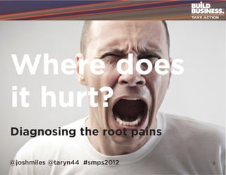 Where does
it hurt?
Diagnosing the root pains

@joshmiles @taryn44 #smps2012   9
 