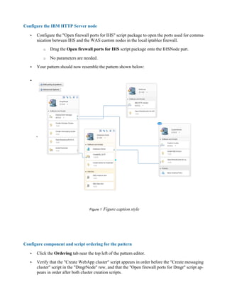 Configure the IBM HTTP Server node
• Configure the "Open firewall ports for IHS" script package to open the ports used for commu-
nication between IHS and the WAS custom nodes in the local iptables firewall.
o Drag the Open firewall ports for IHS script package onto the IHSNode part.
o No parameters are needed.
• Your pattern should now resemble the pattern shown below:
•
Figure 1 Figure caption style
Configure component and script ordering for the pattern
• Click the Ordering tab near the top left of the pattern editor.
• Verify that the "Create WebApp cluster" script appears in order before the "Create messaging
cluster" script in the "DmgrNode" row, and that the "Open firewall ports for Dmgr" script ap-
pears in order after both cluster creation scripts.
 