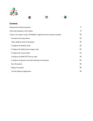 Contents
Requirements and prerequisites 7	
  
Add script packages to the catalog 8	
  
Create a new pattern using a WebSphere Application Server pattern template 10	
  
Set pattern level parameters 10	
  
Add a database node to the pattern 10	
  
Configure the database node 10	
  
Configure the deployment manager node 12	
  
Configure the custom nodes 13	
  
Configure the IBM HTTP Server node 14	
  
Configure component and script ordering for the pattern 14	
  
Save the pattern 15	
  
Deploy the pattern 16	
  
Test the deployed application 19	
  
 