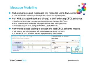 XML documents and messages are modelled using XML schemas
• XSDs and WSDLs are deployed directly to the runtime – no import required!
Non XML data (both text and binary) is defined using DFDL schemas
• Data Format Description Language standardised through the Open Grid Forum
• DFDL schemas replace message set projects and the MRM message domain
• Input nodes support DFDL alongside XMLNSC, JSON, MRM etc
New model based tooling to design and test DFDL schema models
• Test parsing, test data generation and parse-by-example all built into editor!
• As with XSDs, DFDL schemas are also deployed directly to the runtime
Message Modelling
 