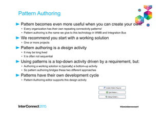 Pattern Authoring
Pattern becomes even more useful when you can create your own!
• Every organization has their own repeating connectivity patterns!
• Pattern authoring is the name we give to this technology in WMB and Integration Bus
We recommend you start with a working solution
• One or more projects
Pattern authoring is a design activity
• It may be long lived
• It is often not sequential
Using patterns is a top-down activity driven by a requirement, but:
• Authoring a working solution is (typically) a bottom-up activity
• So pattern authoring bridges these two different approaches
Patterns have their own development cycle
• Pattern Authoring editor supports this design activity
 