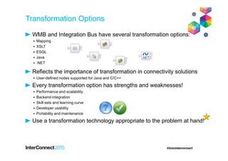Transformation Options
WMB and Integration Bus have several transformation options:
▪ Mapping
▪ XSLT
▪ ESQL
▪ Java
▪ .NET
Reflects the importance of transformation in connectivity solutions
▪ User-defined nodes supported for Java and C/C++
Every transformation option has strengths and weaknesses!
▪ Performance and scalability
▪ Backend integration
▪ Skill sets and learning curve
▪ Developer usability
▪ Portability and maintenance
Use a transformation technology appropriate to the problem at hand!
 