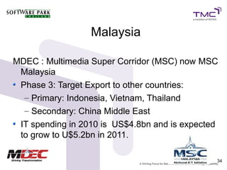 Malaysia

MDEC : Multimedia Super Corridor (MSC) now MSC
 Malaysia
 Phase 3: Target Export to other countries:
  – Primary: Indonesia, Vietnam, Thailand
  – Secondary: China Middle East
 IT spending in 2010 is US$4.8bn and is expected
 to grow to U$5.2bn in 2011.

                                               34
 