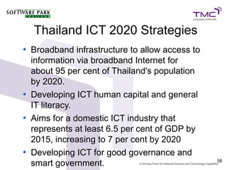 Thailand ICT 2020 Strategies
Broadband infrastructure to allow access to
information via broadband Internet for
about 95 per cent of Thailand's population
by 2020.
Developing ICT human capital and general
IT literacy.
Aims for a domestic ICT industry that
represents at least 6.5 per cent of GDP by
2015, increasing to 7 per cent by 2020
Developing ICT for good governance and
smart government.                             58
 