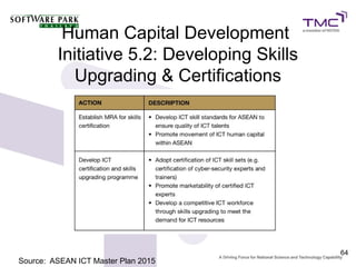 Human Capital Development
         Initiative 5.2: Developing Skills
            Upgrading & Certifications




                                             64
Source: ASEAN ICT Master Plan 2015
 