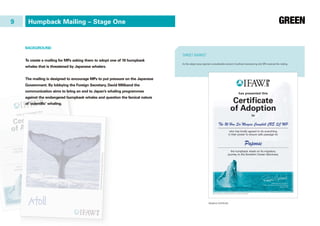 Humpback Mailing – Stage One
BACKGROUND
To create a mailing for MPs asking them to adopt one of 18 humpback
whales that is threatened by Japanese whalers.
The mailing is designed to encourage MPs to put pressure on the Japanese
Government. By lobbying the Foreign Secretary, David Miliband the
communication aims to bring an end to Japan’s whaling programmes
against the endangered humpback whales and question the farcical nature
of ‘scientific’ whaling.
9
TARGET MARKET
As the subject area required a considerable amount of political manoeuvring only MPs received the mailing.
Adoption Certificate
 