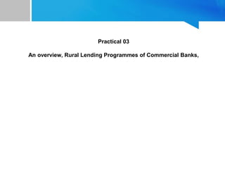 Practical 03
An overview, Rural Lending Programmes of Commercial Banks,
 