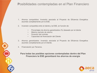 Posibilidades contempladas en el Plan Financiero
1. Ahorros compartidos: Inversión asociada al Proyecto de Eficiencia Energética
asumido completamente por la ESE.
2. Inversión compartida entre el cliente y la ESE, en función de:
• Porcentajes de ahorros garantizados (%) deseado por el cliente
• Máximo período de retorno
• Duración del contrato
• Capacidad de financiación del Cliente
3. Ahorros garantizados: Inversión asociada al Proyecto de Eficiencia Energética
asumido completamente por el Cliente.
4. Financiación por Terceros.
Para todas las posibles opciones contempladas dentro del Plan
Financiero la ESE garantizará los ahorros de energía
 