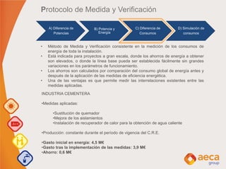 • Método de Medida y Verificación consistente en la medición de los consumos de
energía de toda la instalación.
• Está indicada para proyectos a gran escala, donde los ahorros de energía a obtener
son elevados, o donde la línea base pueda ser establecida fácilmente sin grandes
variaciones en los parámetros de funcionamiento.
• Los ahorros son calculados por comparación del consumo global de energía antes y
después de la aplicación de las medidas de eficiencia energética.
• Una de las ventajas es que permite medir las interrelaciones existentes entre las
medidas aplicadas.
INDUSTRIA CEMENTERA
•Medidas aplicadas:
•Sustitución de quemador
•Mejora de los aislamientos
•Instalación de recuperador de calor para la obtención de agua caliente
•Producción: constante durante el período de vigencia del C.R.E.
•Gasto inicial en energía: 4,5 M€
•Gasto tras la implementación de las medidas: 3,9 M€
•Ahorro: 0,6 M€
Protocolo de Medida y Verificación
A) Diferencia de
Potencias
B) Potencia y
Energía
C) Diferencia de
Consumos
D) Simulación de
consumos
 
