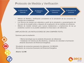 AMPLIACIÓN DE LAS INSTALACIONES DE UNA COMPAÑÍA TEXTIL
Opciones para la ampliación:
• Misma tecnología que la existente (Escenario de referencia)
• Instalación de motores de alta eficiencia, variadores de velocidad e iluminación
eficiente (Escenario de Eficiencia Energética)
Simulación de consumos escenario de referencia: 0,6 M€/kWh
Simulación de consumos Escenario de Eficiencia Energética
Ahorro: 0,2 M€
Protocolo de Medida y Verificación
A) Diferencia de
Potencias
B) Potencia y
Energía
C) Diferencia de
Consumos
D) Simulación de
consumos
• Método de Medida y Verificación consistente en la simulación de los consumos de
energía de la instalación.
• Los ahorros de energía son obtenidos a partir de la simulación y parametrización de
los usos de la energía antes y después de la aplicación de las medidas de eficiencia.
• Método de medida indicado para nuevas instalaciones o ampliaciones de las ya
existentes cuando no es posible establecer la línea base o de referencia.
 