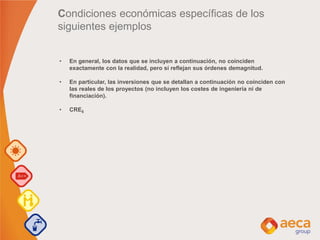 Condiciones económicas específicas de los
siguientes ejemplos
• En general, los datos que se incluyen a continuación, no coinciden
exactamente con la realidad, pero sí reflejan sus órdenes demagnitud.
• En particular, las inversiones que se detallan a continuación no coinciden con
las reales de los proyectos (no incluyen los costes de ingeniería ni de
financiación).
• CRE5
 