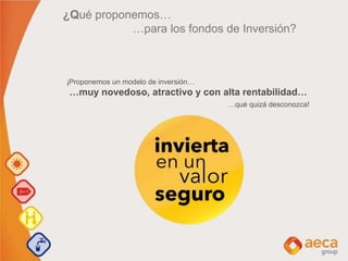 ¡Proponemos un modelo de inversión…
…muy novedoso, atractivo y con alta rentabilidad…
…qué quizá desconozca!
¿Qué proponemos…
…para los fondos de Inversión?
 
