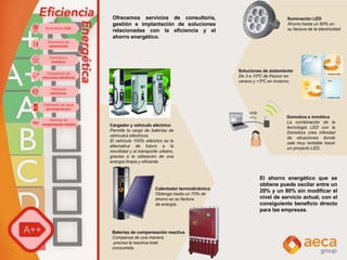 Ofrecemos servicios de consultoría,
gestión e implantación de soluciones
relacionadas con la eficiencia y el
ahorro energético.
Iluminación LED
Ahorre hasta un 80% en
su factura de la electricidad
.
Soluciones de aislamiento
De 3 a 10ºC de frescor en
verano y +3ºC en invierno.
Domotica e inmótica
La combinación de la
tecnologia LED con la
Domótica crea infinidad
de situaciones donde
sale muy rentable hacer
un proyecto LED.
Cargador y vehículo eléctrico
Permite la carga de baterías de
vehículos eléctricos.
El vehículo 100% eléctrico es la
alternativa de futuro a la
movilidad y el transporte urbano,
gracias a la utilización de una
energía limpia y eficiente.
Calentador termodinámico
Obtenga hasta un 70% de
ahorro es su factura
de energía.
Baterías de compensación reactiva
Compensa de una manera
precisa la reactiva total
consumida.
El ahorro energético que se
obtiene puede oscilar entre un
20% y un 80% sin modificar el
nivel de servicio actual, con el
consiguiente beneficio directo
para las empresas.
 