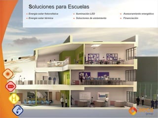 Soluciones para Escuelas
Energía solar fotovoltaica Iluminación LED Asesoramiento energético
Energía solar térmica Soluciones de aislamiento Financiación
 