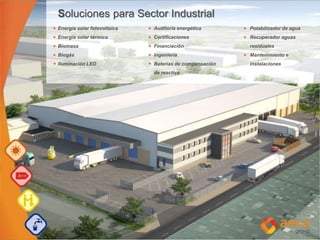 Soluciones para Sector Industrial
Energía solar fotovoltaica Auditoria energética Potabilizador de agua
Energía solar térmica Certificaciones Recuperador aguas
Biomasa Financiación residuales
Biogás Ingeniería Mantenimiento e
Iluminación LED Baterías de compensación instalaciones
de reactiva
 