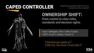 Values Driven Achievement
CAPED CONTROLLER
I say I delegate, then I take it back.
I don’t trust it unless I touch it.
“I did what you asked, sir.”
“Little one. You know I must redo it.”
OWNERSHIP SHIFT:
From control to clear roles,
standards and decision rights.
High Responsibility, High Pressure
Unclear Communication
 
