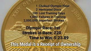 1
2
100
1,000
2,000,000
Olympic Race:
Strokes in Race:
Time to Win:
Choked Olympic Final
Herniated Discs
Lost Training Days
Failures in Training
Imperfect Strokes
1st
220
5:23.89
This Medal is a Receipt of Ownership
 