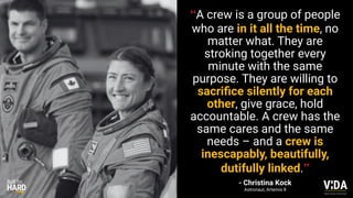 “A crew is a group of people
who are in it all the time, no
matter what. They are
stroking together every
minute with the same
purpose. They are willing to
sacri
fi
ce silently for each
other, give grace, hold
accountable. A crew has the
same cares and the same
needs – and a crew is
inescapably, beautifully,
dutifully linked.”
- Christina Kock
Astronaut, Artemis II
Values Driven Achievement
 