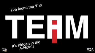 Values Driven Achievement
TE M
I’ve found the ‘I’ in
It’s hidden in the
A-Hole!!
 