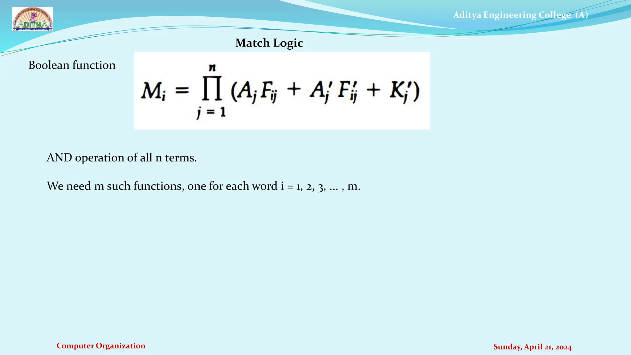 Aditya Engineering College (A)
Computer Organization Sunday, April 21, 2024
Match Logic
Boolean function
AND operation of all n terms.
We need m such functions, one for each word i = 1, 2, 3, ... , m.
 