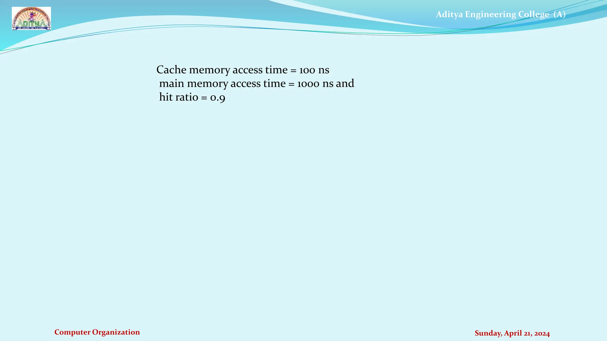 Aditya Engineering College (A)
Computer Organization Sunday, April 21, 2024
Cache memory access time = 100 ns
main memory access time = 1000 ns and
hit ratio = 0.9
 