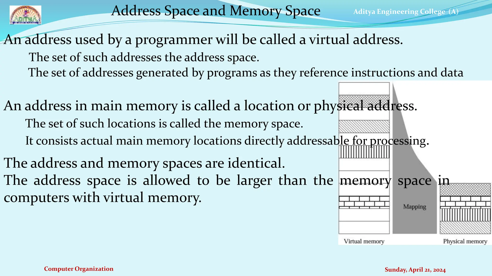 Aditya Engineering College (A)
Computer Organization Sunday, April 21, 2024
Address Space and Memory Space
An address used by a programmer will be called a virtual address.
The set of such addresses the address space.
The set of addresses generated by programs as they reference instructions and data
An address in main memory is called a location or physical address.
The set of such locations is called the memory space.
It consists actual main memory locations directly addressable for processing.
The address and memory spaces are identical.
The address space is allowed to be larger than the memory space in
computers with virtual memory.
 
