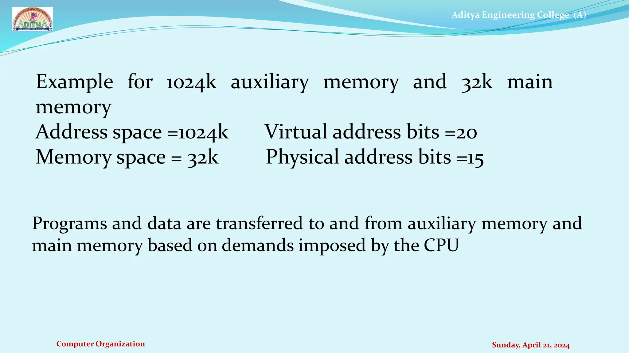 Aditya Engineering College (A)
Computer Organization Sunday, April 21, 2024
Example for 1024k auxiliary memory and 32k main
memory
Address space =1024k Virtual address bits =20
Memory space = 32k Physical address bits =15
Programs and data are transferred to and from auxiliary memory and
main memory based on demands imposed by the CPU
 