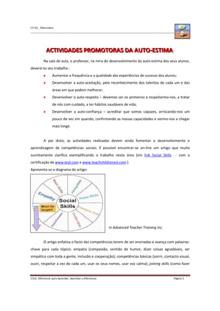 CFAE_ Matosinhos
C316. Diferenciar para Aprender, Aprender a Diferenciar Página 3
A
A
AC
C
CT
T
TI
I
IV
V
VI
I
ID
D
DA
A
AD
D
DE
E
ES
S
S P
P
PR
R
RO
O
OM
M
MO
O
OT
T
TO
O
OR
R
RA
A
AS
S
S D
D
DA
A
A A
A
AU
U
UT
T
TO
O
O-
-
-E
E
ES
S
ST
T
TI
I
IM
M
MA
A
A
Na sala de aula, o professor, na mira do desenvolvimento da auto-estima dos seus alunos,
deverá no seu trabalho :
Aumentar a frequência e a qualidade das experiências de sucesso dos alunos;
Desenvolver a auto-aceitação, pelo reconhecimento dos talentos de cada um e das
áreas em que podem melhorar;
Devenvolver o auto-respeito – devemos ser os primeiros a respeitarmo-nos, a tratar
de nós com cuidado, a ter hábitos saudáveis de vida;
Desenvolver a auto-confiança – acreditar que somos capazes, arriscando-nos um
pouco de vez em quando, confirmando as nossas capacidades e vermo-nos a chegar
mais longe.
A par disto, as actividades realizadas devem ainda fomentar o desenvolvimento e
aprendizagem de competências sociais. É possível encontrar-se on-line um artigo que muito
sucintamente clarifica exemplificando o trabalho nesta área (em link Social Skills - com a
certificação de www.teyl.com e www.teachchildrenesl.com ).
Apresenta-se o diagrama do artigo:
in Advanced Teacher Training Inc.
O artigo enfatiza o facto das competências terem de ser ensinadas e avança com palavras-
chave para cada tópico: empatia (compaixão, sentido de humor, dizer coisas agradáveis, ser
simpático com toda a gente, inclusão e cooperação); competências básicas (sorrir, contacto visual,
ouvir, respeitar a vez de cada um, usar os seus nomes, usar voz calma); joining skills (como fazer
 