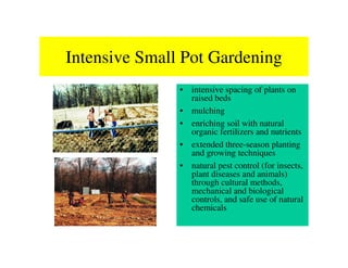 Intensive Small Pot Gardening
               • intensive spacing of plants on
                 raised beds
               • mulching
               • enriching soil with natural
                 organic fertilizers and nutrients
               • extended three-season planting
                 and growing techniques
               • natural pest control (for insects,
                 plant diseases and animals)
                 through cultural methods,
                 mechanical and biological
                 controls, and safe use of natural
                 chemicals
 