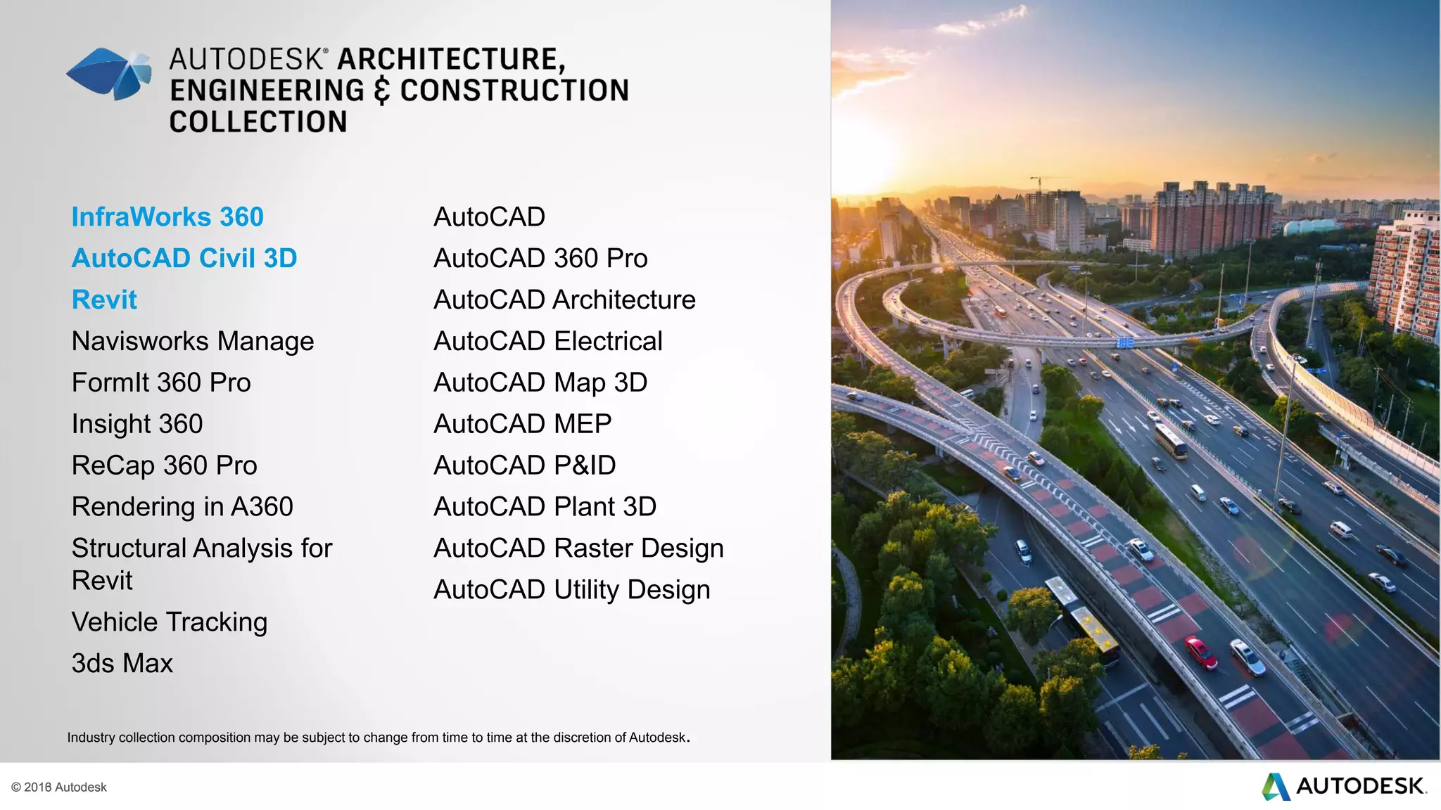 © 2013 Autodesk© 2016 Autodesk
Industry collection composition may be subject to change from time to time at the discretion of Autodesk.
InfraWorks 360
AutoCAD Civil 3D
Revit
Navisworks Manage
FormIt 360 Pro
Insight 360
ReCap 360 Pro
Rendering in A360
Structural Analysis for
Revit
Vehicle Tracking
3ds Max
AutoCAD
AutoCAD 360 Pro
AutoCAD Architecture
AutoCAD Electrical
AutoCAD Map 3D
AutoCAD MEP
AutoCAD P&ID
AutoCAD Plant 3D
AutoCAD Raster Design
AutoCAD Utility Design
 