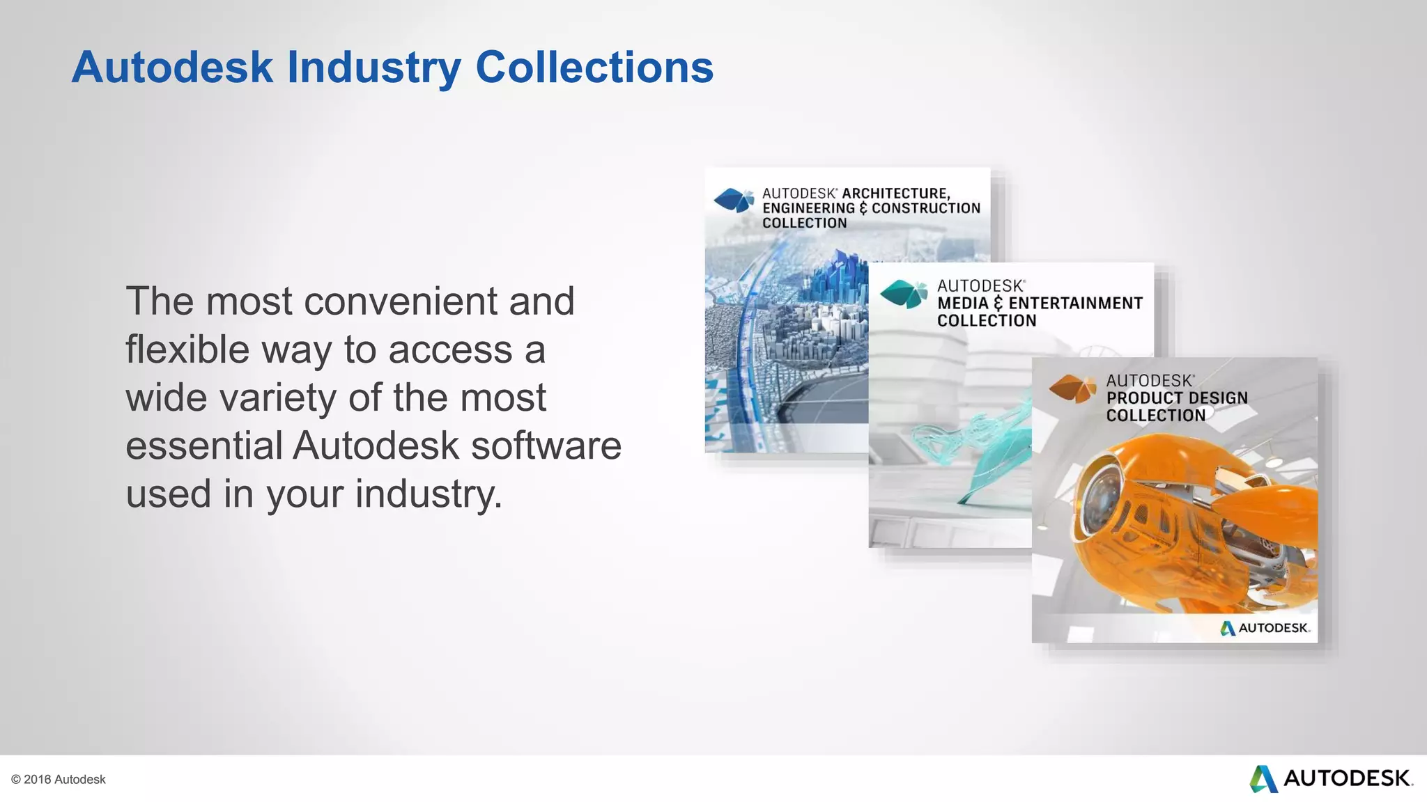 © 2013 Autodesk© 2016 Autodesk
The most convenient and
flexible way to access a
wide variety of the most
essential Autodesk software
used in your industry.
Autodesk Industry Collections
 