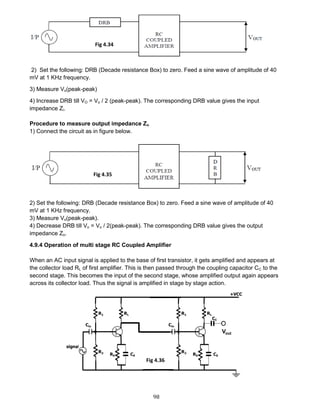98
2) Set the following: DRB (Decade resistance Box) to zero. Feed a sine wave of amplitude of 40
mV at 1 KHz frequency.
3) Measure Vo(peak-peak)
4) Increase DRB till VO = Vo / 2 (peak-peak). The corresponding DRB value gives the input
impedance Zi.
Procedure to measure output impedance Zo
1) Connect the circuit as in figure below.
2) Set the following: DRB (Decade resistance Box) to zero. Feed a sine wave of amplitude of 40
mV at 1 KHz frequency.
3) Measure Vo(peak-peak).
4) Decrease DRB till Vo = Vo / 2(peak-peak). The corresponding DRB value gives the output
impedance Zo.
4.9.4 Operation of multi stage RC Coupled Amplifier
When an AC input signal is applied to the base of first transistor, it gets amplified and appears at
the collector load RL of first amplifier. This is then passed through the coupling capacitor CC to the
second stage. This becomes the input of the second stage, whose amplified output again appears
across its collector load. Thus the signal is amplified in stage by stage action.
Fig 4.35
Fig 4.34
Fig 4.36
 