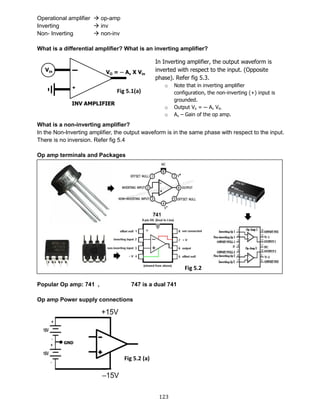123
Operational amplifier  op-amp
Inverting  inv
Non- Inverting  non-inv
What is a differential amplifier? What is an inverting amplifier?
What is a non-inverting amplifier?
In the Non-Inverting amplifier, the output waveform is in the same phase with respect to the input.
There is no inversion. Refer fig 5.4
Op amp terminals and Packages
Popular Op amp: 741 , 747 is a dual 741
Op amp Power supply connections
In Inverting amplifier, the output waveform is
inverted with respect to the input. (Opposite
phase). Refer fig 5.3.
o Note that in inverting amplifier
configuration, the non-inverting (+) input is
grounded.
o Output Vo = ─ Av Vin
o Av – Gain of the op amp.
Fig 5.1(a)
Fig 5.2
Fig 5.2 (a)
 