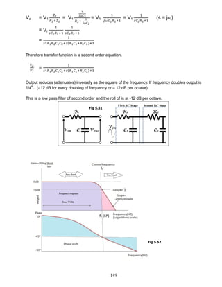 149
Vo = V1
𝑍2
𝑅2+𝑍2
= V1
1
𝑗⍵𝐶2
𝑅2+
1
𝑗⍵𝐶2
= V1
1
𝑗𝜔𝐶2 𝑅2+1
= V1
1
𝑠𝐶2 𝑅2+1
(s = j⍵)
= Vi
1
𝑠𝐶1 𝑅1+1
1
𝑠𝐶2 𝑅2+1
=
1
𝑠2 𝑅1 𝑅2 𝐶1 𝐶2+𝑠(𝑅1 𝐶1+𝑅2 𝐶2)+1
Therefore transfer function is a second order equation.
𝑉𝑜
𝑉𝑖
=
1
𝑠2 𝑅1 𝑅2 𝐶1 𝐶2+𝑠(𝑅1 𝐶1+𝑅2 𝐶2)+1
Output reduces (attenuates) inversely as the square of the frequency. If frequency doubles output is
1/4th
. (- 12 dB for every doubling of frequency or – 12 dB per octave).
This is a low pass filter of second order and the roll of is at -12 dB per octave.
Fig 5.51
Fig 5.52
 