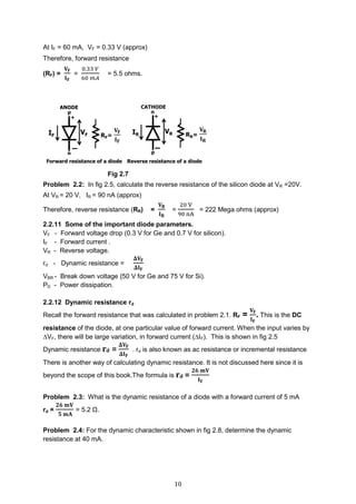 10
At IF = 60 mA, VF = 0.33 V (approx)
Therefore, forward resistance
(RF) =
𝐕𝐅
𝐈 𝐅
=
0.33 𝑉
60 𝑚𝐴
= 5.5 ohms.
Fig 2.7
Problem 2.2: In fig 2.5, calculate the reverse resistance of the silicon diode at VR =20V.
At VR = 20 V, IR = 90 nA (approx)
Therefore, reverse resistance (RR) =
𝐕 𝐑
𝐈 𝐑
=
20 V
90 nA
= 222 Mega ohms (approx)
2.2.11 Some of the important diode parameters.
VF - Forward voltage drop (0.3 V for Ge and 0.7 V for silicon).
IF - Forward current .
VR - Reverse voltage.
rd - Dynamic resistance =
𝚫𝐕𝐅
𝚫𝐈 𝐅
VBR - Break down voltage {50 V for Ge and 75 V for Si).
PD - Power dissipation.
2.2.12 Dynamic resistance rd
Recall the forward resistance that was calculated in problem 2.1. RF =
𝐕𝐅
𝐈 𝐅
. This is the DC
resistance of the diode, at one particular value of forward current. When the input varies by
∆VF, there will be large variation, in forward current (∆IF). This is shown in fig 2.5
Dynamic resistance rd =
𝚫𝐕 𝐅
𝚫𝐈 𝐅
. rd is also known as ac resistance or incremental resistance
There is another way of calculating dynamic resistance. It is not discussed here since it is
beyond the scope of this book.The formula is rd =
𝟐𝟔 𝐦𝐕
𝐈 𝐅
Problem 2.3: What is the dynamic resistance of a diode with a forward current of 5 mA
rd =
𝟐𝟔 𝐦𝐕
𝟓 𝐦𝐀
= 5.2 Ω.
Problem 2.4: For the dynamic characteristic shown in fig 2.8, determine the dynamic
resistance at 40 mA.
 