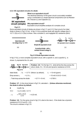 13
2.3.4 DC equivalent circuits of a diode
Fig 2.11
Some equivalent circuits of diodes are shown in fig 2.11 and 2.12. Eqvt circuit of an ideal
diode is shown in Fig 2.12 (a) . In fig 2.12 (b) a practical diode with specific voltage drop VF
=0.7 V (Si) or 0.3 V (Ge) is shown. Has a constant VF and negligible DC resistance (Zero)
(a) (c)
(b)
Fig 2.12 Diode Equivalent circuits
In fig 2.11(c), a more complete equivalent circuit, with a specific VF and a specific rd is
shown. rd represents the VF part.
Fig 2.13
Ideal diode. VF = 0.7 V (Silicon, by default), IF = 10 mA (given)
Drop across rd = IF X r d = 10 mA X 0.8 Ω = 8 mV.
Total drop across the diode = 0.7 V + 8 mV. = 0.708 V.
Problem 2.7: In the circuit shown in fig 2.14, calculate IF . (Unless otherwise mentioned,
the diode is silicon by default.
E = IF.R + VF
10 V = (IF X 2.2K) + 0.7 V
 IF =
10 V − 0.7 V
2.2 K
= 4.22 mA.
Problem 2.8: For the same circuit in fig 2.14, what is the new IF if the diode has a dynamic
resistance of 0.3 Ω and R = 5 Ω .
The circuit is redrawn in fig 2.15.
What is an equivalent circuit?
The electrical behaviour of the given circuit is accurately modelled
using a combination of, simple electrical components such as Resistor
(R), Inductor (L) and Capacitor (C).
Why equivalent circuit?
Equivalent circuit simplifies analysis of a complex circuit.
Problem 2.6: For the fig 2.13, what will be the drop across the
silicon diode, if IF = I0 mA and dynamic resistance is 0.8 Ω.
 
