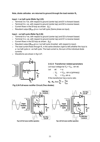 21
Note, diode cathodes are returned to ground through the load resistor RL
Input: + ve half cycle (Refer fig 2.25)
o Terminal 3 is +ve, with respect to ground (center tap) and D1 is forward biased.
o Terminal 6 is –ve, with respect to ground (center tap) and D2 is reverse biased.
o Current flows in the Dl loop as shown. (IL1)
o Resultant output (Vout 1) is a +ve half cycle (Same phase as input).
Input: - ve half cycle (Refer fig 2.26)
o Terminal 6 is +ve, with respect to ground (center tap) and D2 is forward biased.
o Terminal 3 is –ve, with respect to ground (center tap) and D1 is reverse biased.
o Current flows in the D2 loop as shown. (IL2)
o Resultant output (Vout 2) is a +ve half cycle (Inverted with respect to input).
o The load current flows through RL in the same direction (right to left) whether the input is
a +ve half cycle or –ve half cycle. The load current is, the sum of the individual diode
currents.
o Waveforms are shown in fig 2.27.
Fig 2.24 Full-wave rectifier Circuit (Two diodes)
2.5.2.3 Transformer related parameters
Let input voltage be Vp = Vpm sin wt.
Let wt = α
 Vp = Vpm sin α (primary)
Vs = Vsm sin α.
If the transformer has a turns ratio
Np : Ns, then
𝐍 𝐒
𝐍 𝐏
=
𝐕𝐬𝐦
𝐕 𝐩𝐦
 