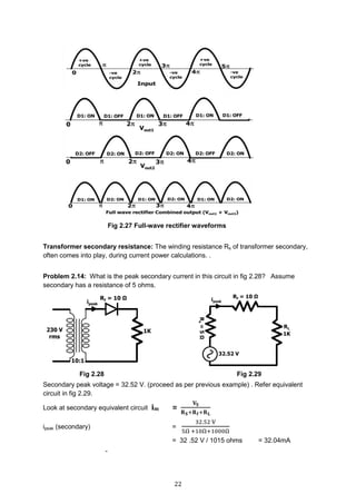 22
Fig 2.27 Full-wave rectifier waveforms
Transformer secondary resistance: The winding resistance Rs of transformer secondary,
often comes into play, during current power calculations. .
Problem 2.14: What is the peak secondary current in this circuit in fig 2.28? Assume
secondary has a resistance of 5 ohms.
Fig 2.28 Fig 2.29
Secondary peak voltage = 32.52 V. (proceed as per previous example) . Refer equivalent
circuit in fig 2.29.
Look at secondary equivalent circuit im =
𝐕𝐒
𝐑 𝐒+𝐑 𝐟+𝐑 𝐋
ipeak (secondary) =
32.52 V
5Ω +10Ω+1000Ω
= 32 .52 V / 1015 ohms = 32.04mA
-
 