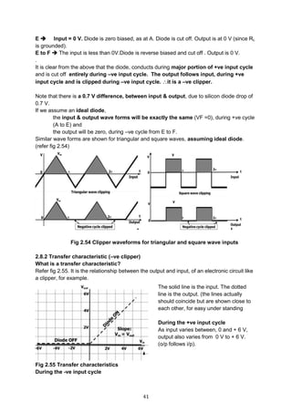 41
E  Input = 0 V. Diode is zero biased, as at A. Diode is cut off. Output is at 0 V (since RL
is grounded).
E to F  The input is less than 0V.Diode is reverse biased and cut off . Output is 0 V.
.
It is clear from the above that the diode, conducts during major portion of +ve input cycle
and is cut off entirely during –ve input cycle. The output follows input, during +ve
input cycle and is clipped during –ve input cycle. it is a –ve clipper.
Note that there is a 0.7 V difference, between input & output, due to silicon diode drop of
0.7 V.
If we assume an ideal diode,
the input & output wave forms will be exactly the same (VF =0), during +ve cycle
(A to E) and
the output will be zero, during –ve cycle from E to F.
Similar wave forms are shown for triangular and square waves, assuming ideal diode.
(refer fig 2.54)
Fig 2.54 Clipper waveforms for triangular and square wave inputs
2.8.2 Transfer characteristic (–ve clipper)
What is a transfer characteristic?
Refer fig 2.55. It is the relationship between the output and input, of an electronic circuit like
a clipper, for example.
Fig 2.55 Transfer characteristics
During the -ve input cycle
The solid line is the input. The dotted
line is the output. (the lines actually
should coincide but are shown close to
each other, for easy under standing
During the +ve input cycle
As input varies between, 0 and + 6 V,
output also varies from 0 V to + 6 V.
(o/p follows i/p).
 