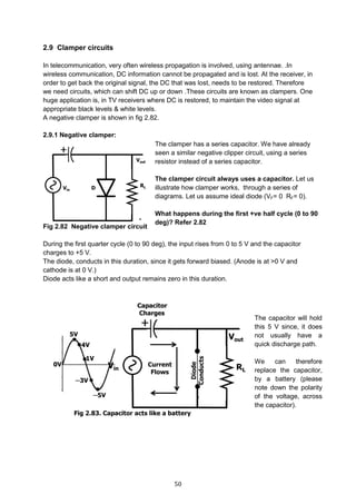 50
2.9 Clamper circuits
In telecommunication, very often wireless propagation is involved, using antennae. .In
wireless communication, DC information cannot be propagated and is lost. At the receiver, in
order to get back the original signal, the DC that was lost, needs to be restored. Therefore
we need circuits, which can shift DC up or down .These circuits are known as clampers. One
huge application is, in TV receivers where DC is restored, to maintain the video signal at
appropriate black levels & white levels.
A negative clamper is shown in fig 2.82.
2.9.1 Negative clamper:
Fig 2.82 Negative clamper circuit
During the first quarter cycle (0 to 90 deg), the input rises from 0 to 5 V and the capacitor
charges to +5 V.
The diode, conducts in this duration, since it gets forward biased. (Anode is at >0 V and
cathode is at 0 V.)
Diode acts like a short and output remains zero in this duration.
The clamper has a series capacitor. We have already
seen a similar negative clipper circuit, using a series
resistor instead of a series capacitor.
The clamper circuit always uses a capacitor. Let us
illustrate how clamper works, through a series of
diagrams. Let us assume ideal diode (VF= 0 RF= 0).
What happens during the first +ve half cycle (0 to 90
deg)? Refer 2.82
The capacitor will hold
this 5 V since, it does
not usually have a
quick discharge path.
We can therefore
replace the capacitor,
by a battery (please
note down the polarity
of the voltage, across
the capacitor).
 